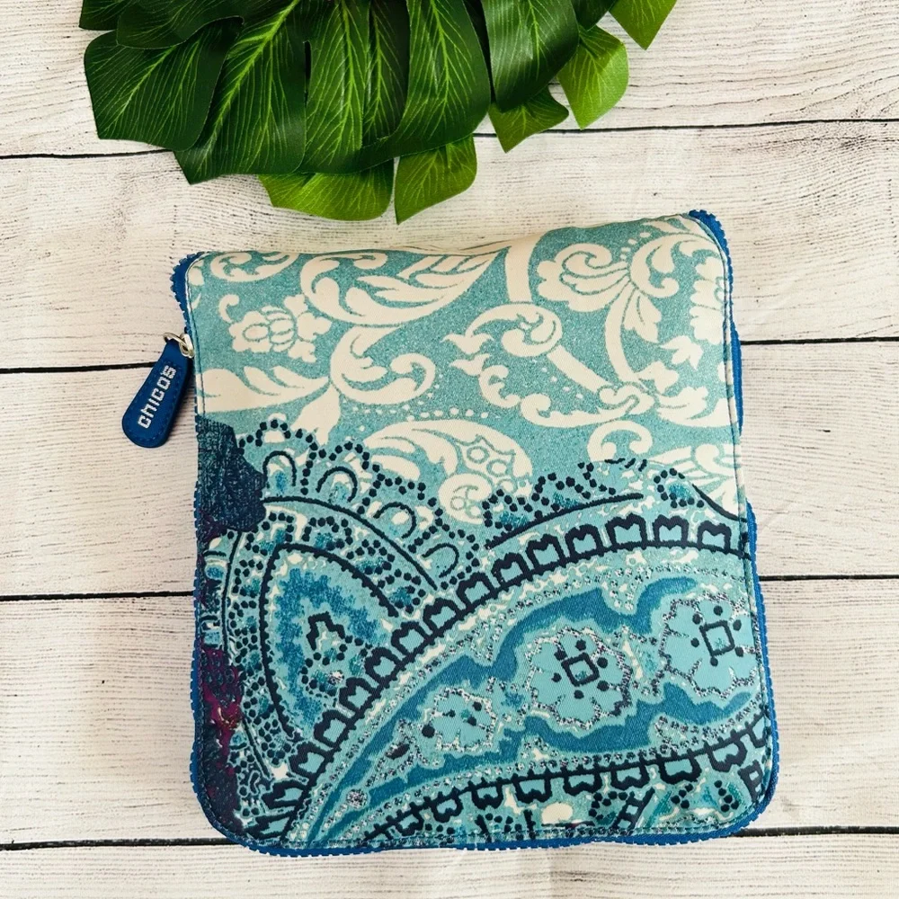 Chico’s Women’s Blue Paisley Colorful Foldable Zip Shopping Tote